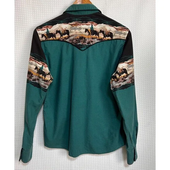 Vintage Panhandle Slim size M Pearl Snap Western Button Down Shirt Horses j - Picture 4 of 12